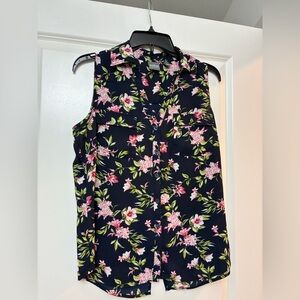 New York & Company Floral Sleeveless Top - Split Back - Black and Pink